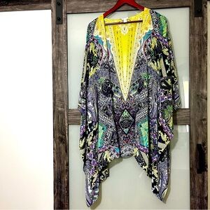 Chico's Vibrant Purple & Yellow Patterned Kimono Top Size L/XL Handkerchief Hem